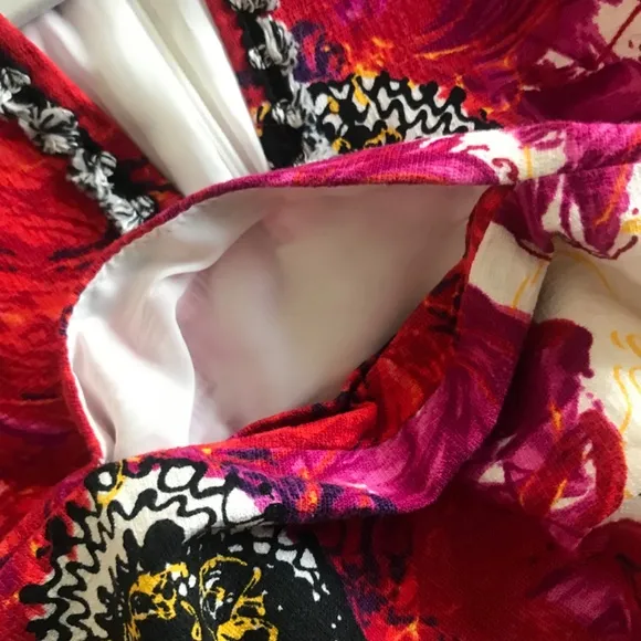 Trina Turk Dress 6 bright Floral Shift mini mod goldenrod fuchsia barkcloth twee