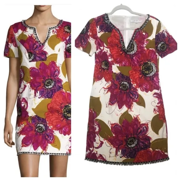 Trina Turk Dress 6 bright Floral Shift mini mod goldenrod fuchsia barkcloth twee