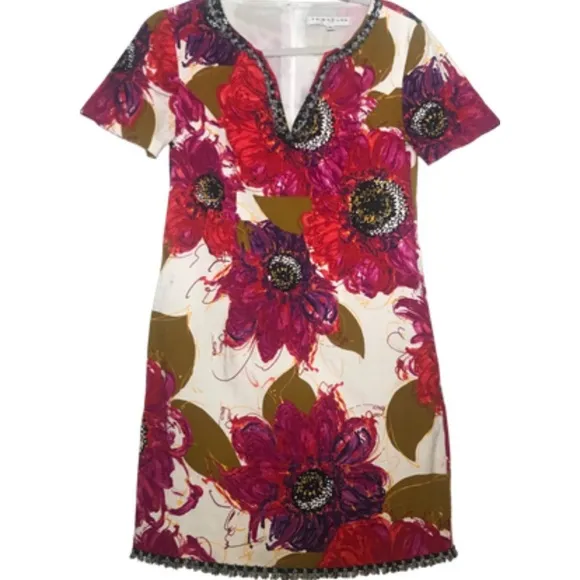 Trina Turk Dress 6 bright Floral Shift mini mod goldenrod fuchsia barkcloth twee