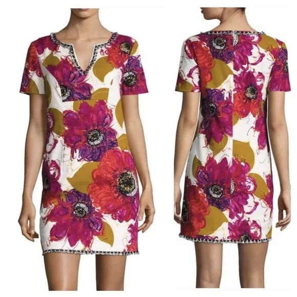 Trina Turk Dress 6 bright Floral Shift mini mod goldenrod fuchsia barkcloth twee