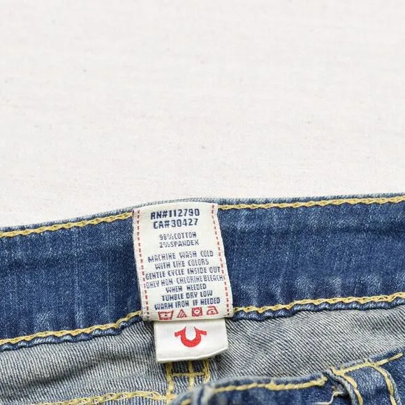 True Religion Men Jeans Zip Solid Bootcut Cotton Blend Blue Size 32x34 USA Made