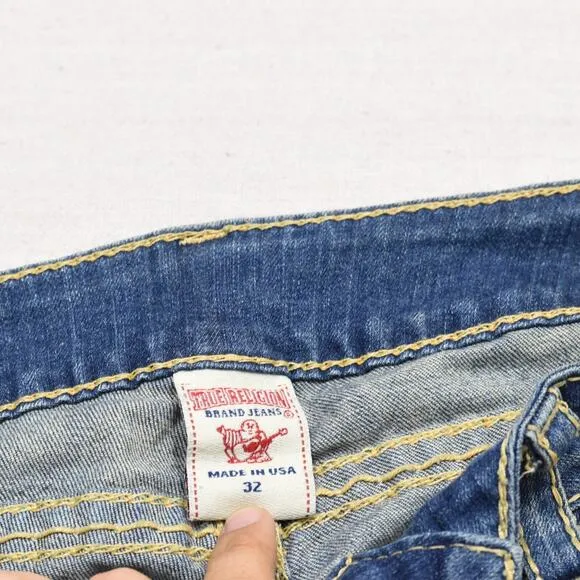 True Religion Men Jeans Zip Solid Bootcut Cotton Blend Blue Size 32x34 USA Made