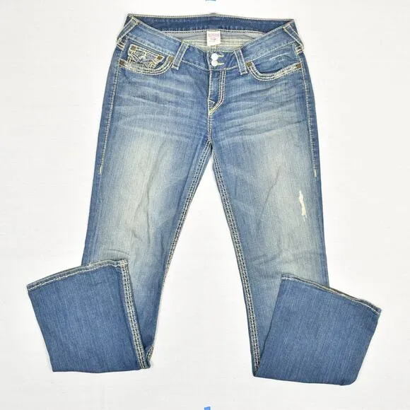 True Religion Men Jeans Zip Solid Bootcut Cotton Blend Blue Size 32x34 USA Made