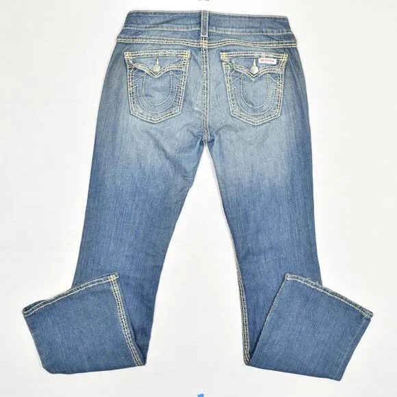 True Religion Men Jeans Zip Solid Bootcut Cotton Blend Blue Size 32x34 USA Made