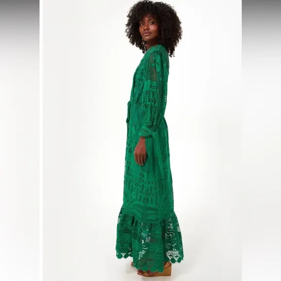 Tuckernuck FARM RIO Morada Boa Guipire Maxi Dress Green NWT