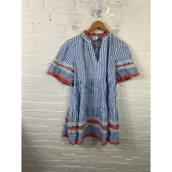 Tuckernuck Women's Savannah Stripe Crawford Dress Short Sleeves Blue Size S