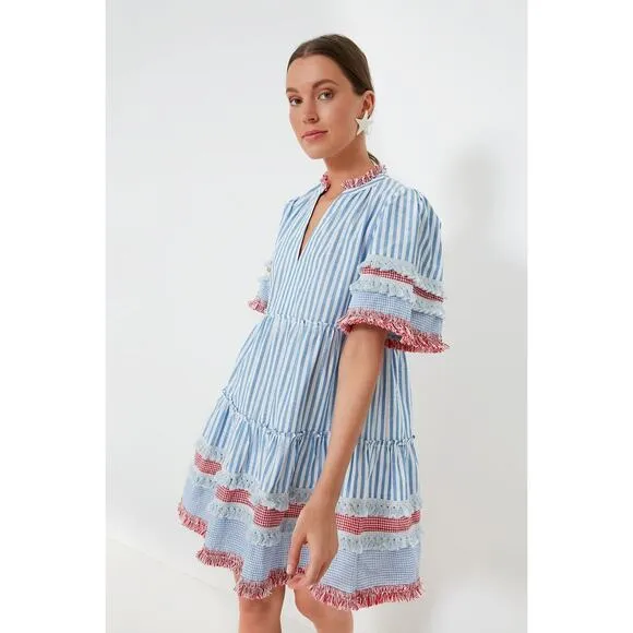 Tuckernuck Women's Savannah Stripe Crawford Dress Short Sleeves Blue Size S
