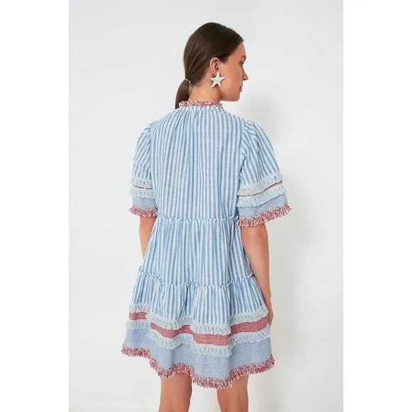 Tuckernuck Women's Savannah Stripe Crawford Dress Short Sleeves Blue Size S