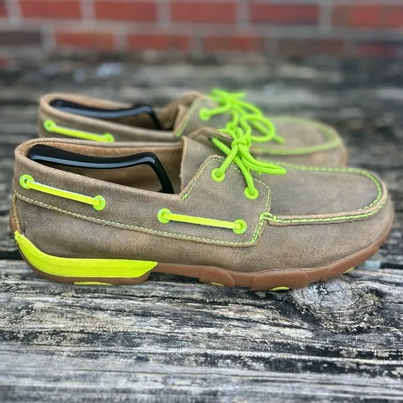 Twisted X Leather Brown Bomber Neon Yellow Driving Moc Boat Shoe MDM0018 Sz 9.5