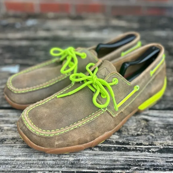 Twisted X Leather Brown Bomber Neon Yellow Driving Moc Boat Shoe MDM0018 Sz 9.5