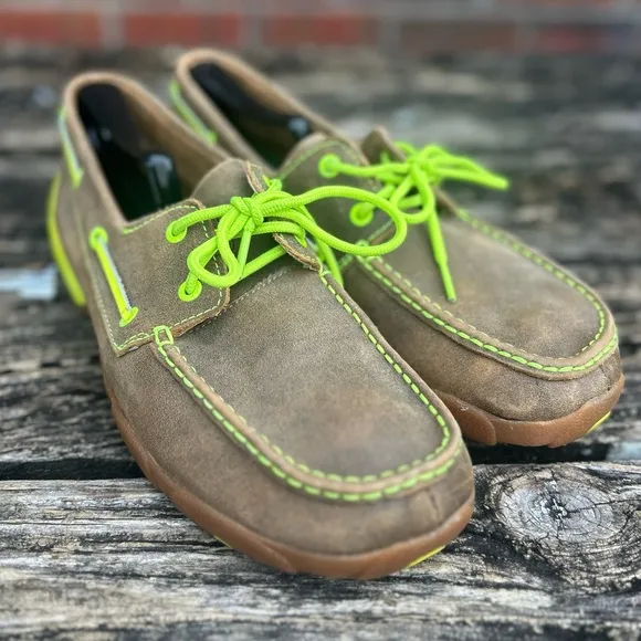 Twisted X Leather Brown Bomber Neon Yellow Driving Moc Boat Shoe MDM0018 Sz 9.5