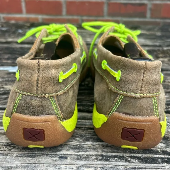 Twisted X Leather Brown Bomber Neon Yellow Driving Moc Boat Shoe MDM0018 Sz 9.5