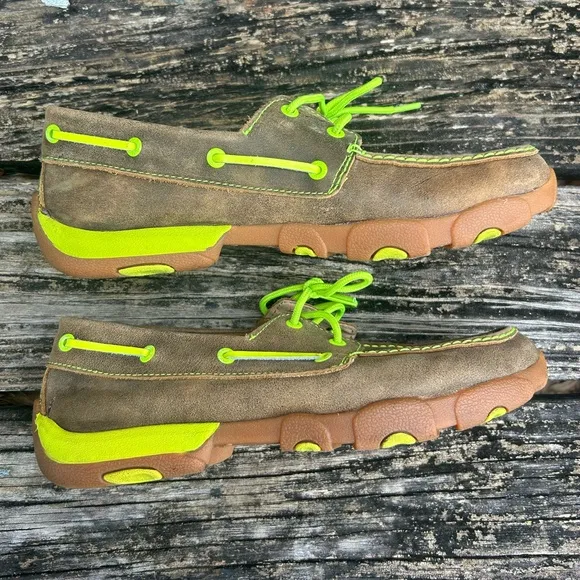 Twisted X Leather Brown Bomber Neon Yellow Driving Moc Boat Shoe MDM0018 Sz 9.5