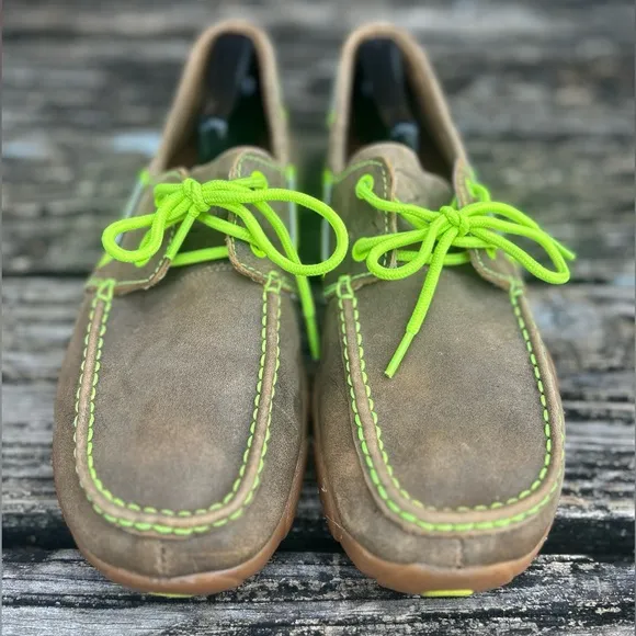Twisted X Leather Brown Bomber Neon Yellow Driving Moc Boat Shoe MDM0018 Sz 9.5