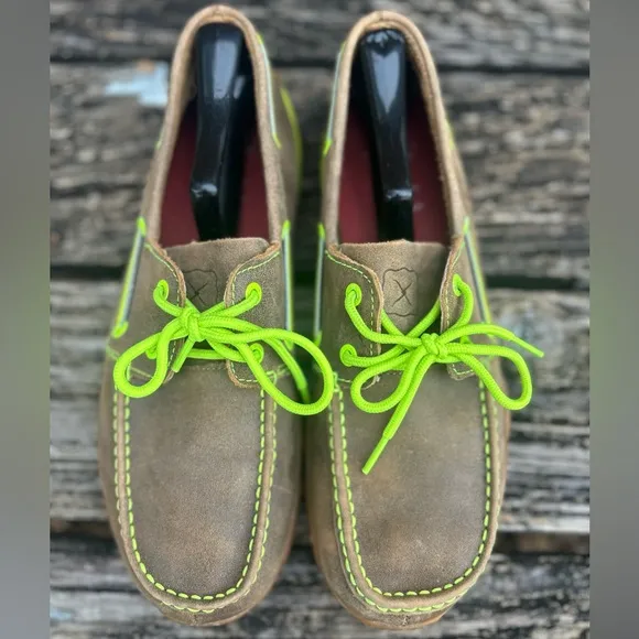 Twisted X Leather Brown Bomber Neon Yellow Driving Moc Boat Shoe MDM0018 Sz 9.5
