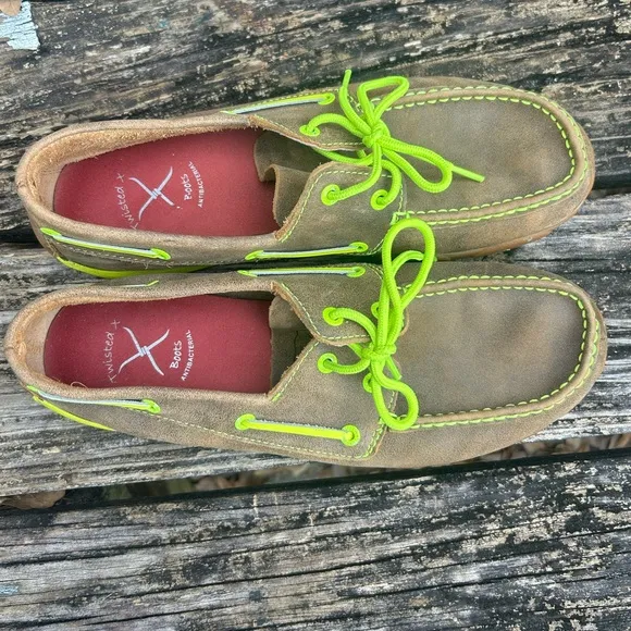 Twisted X Leather Brown Bomber Neon Yellow Driving Moc Boat Shoe MDM0018 Sz 9.5