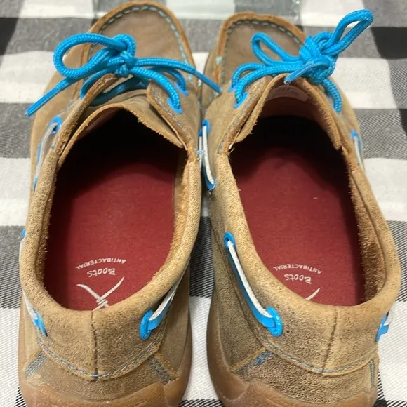 Twisted X Men's Leather Boat Shoe Driving Moccasins Size 6M Brown Blue Slip On