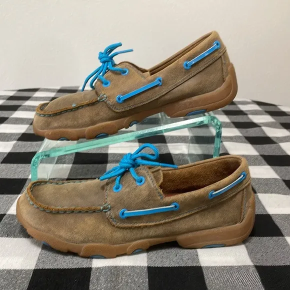 Twisted X Men's Leather Boat Shoe Driving Moccasins Size 6M Brown Blue Slip On