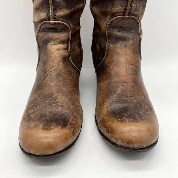 U ROADS Heeled Boots Womens 8 Brown Distressed Leather Knee High Round Toe