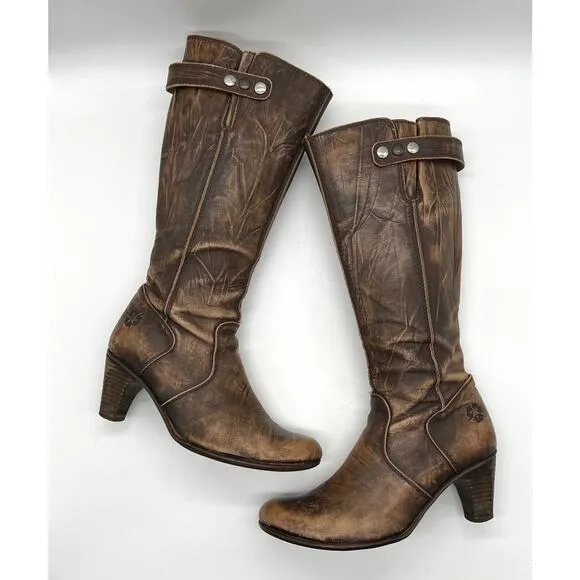 U ROADS Heeled Boots Womens 8 Brown Distressed Leather Knee High Round Toe