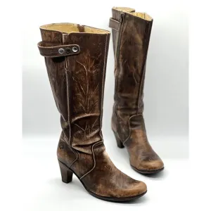 U ROADS Heeled Boots Womens 8 Brown Distressed Leather Knee High Round Toe