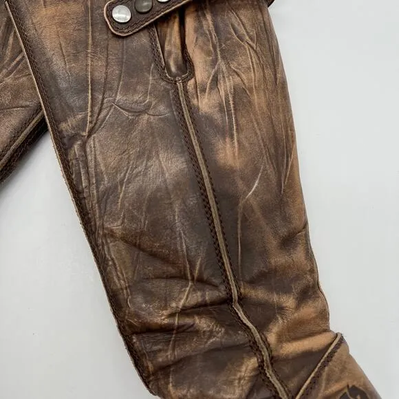 U ROADS Heeled Boots Womens 8 Brown Distressed Leather Knee High Round Toe