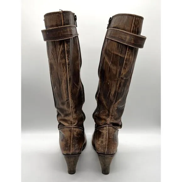 U ROADS Heeled Boots Womens 8 Brown Distressed Leather Knee High Round Toe