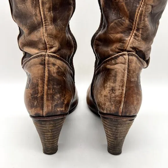 U ROADS Heeled Boots Womens 8 Brown Distressed Leather Knee High Round Toe