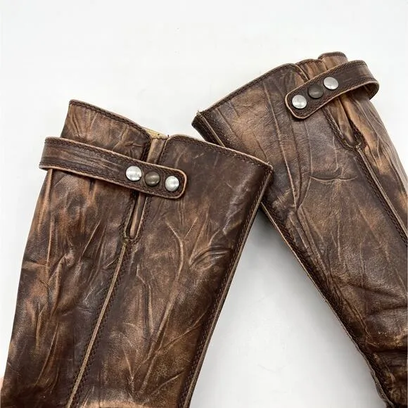U ROADS Heeled Boots Womens 8 Brown Distressed Leather Knee High Round Toe