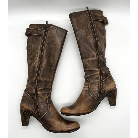 U ROADS Heeled Boots Womens 8 Brown Distressed Leather Knee High Round Toe