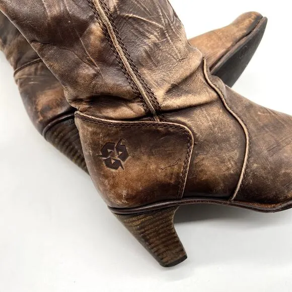U ROADS Heeled Boots Womens 8 Brown Distressed Leather Knee High Round Toe