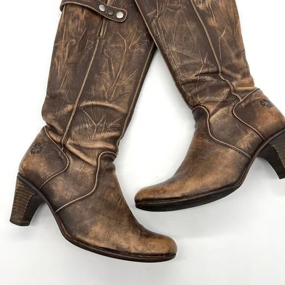 U ROADS Heeled Boots Womens 8 Brown Distressed Leather Knee High Round Toe
