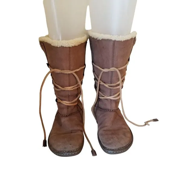 Ugg 9 Tall Boots 1634 CATALINA Brown Leather Sheepskin Lace Up Wrap Around