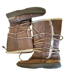 Ugg 9 Tall Boots 1634 CATALINA Brown Leather Sheepskin Lace Up Wrap Around