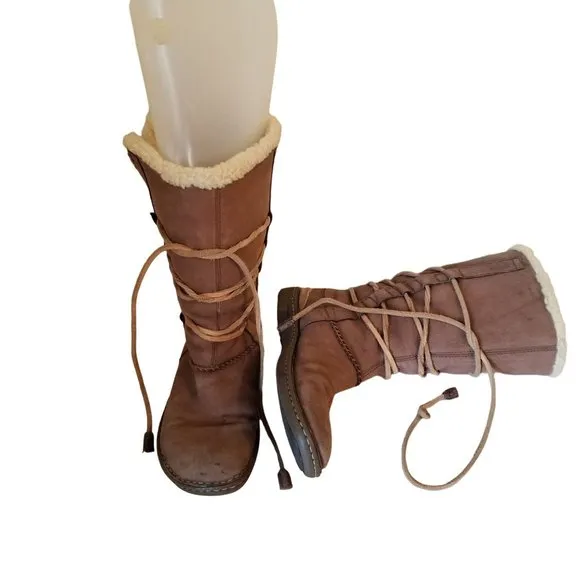Ugg 9 Tall Boots 1634 CATALINA Brown Leather Sheepskin Lace Up Wrap Around