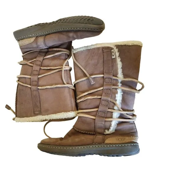 Ugg 9 Tall Boots 1634 CATALINA Brown Leather Sheepskin Lace Up Wrap Around
