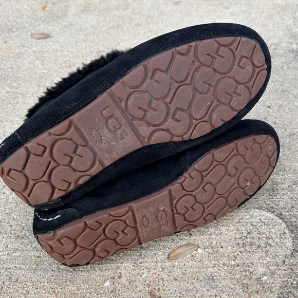 UGG ALENA SLIPPER BLACK SUEDE SHEEPSKIN CUFF MOCCASINS WOMENS