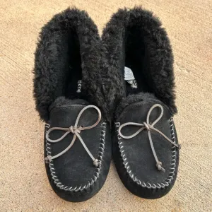 UGG ALENA SLIPPER BLACK SUEDE SHEEPSKIN CUFF MOCCASINS WOMENS