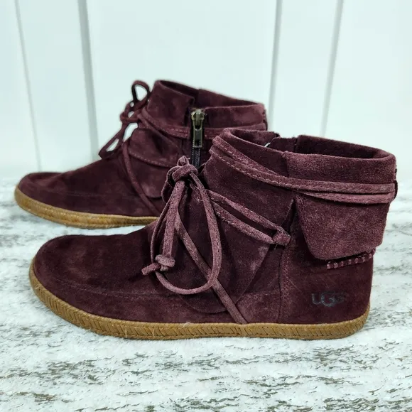 UGG &quot;Reid Moccasin Booties&quot; Leather Moc Ankle Boots Maroon Red | Women's Size 6