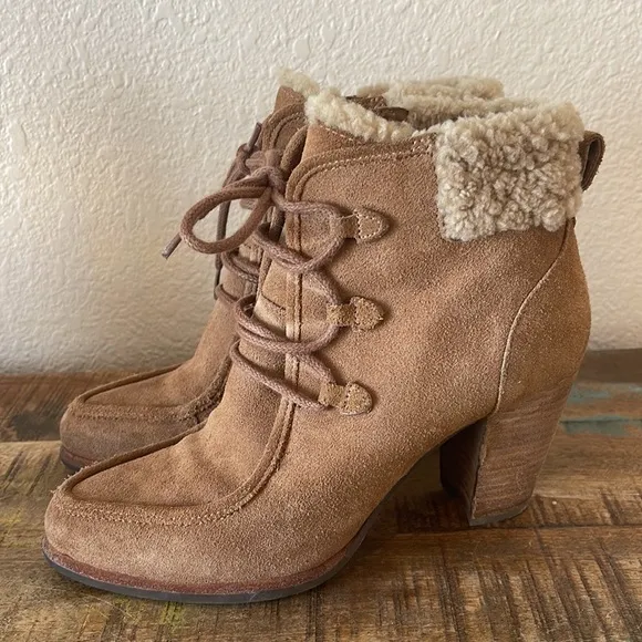 UGG ANALISE SUEDE ANKLE HEELED BOOTS CHESTNUT EUC size 7