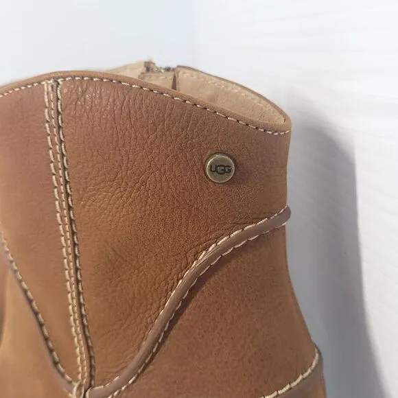 UGG Annie Chestnut Brown Tan Leather Heeled Ankle Booties Boots Women’s 8