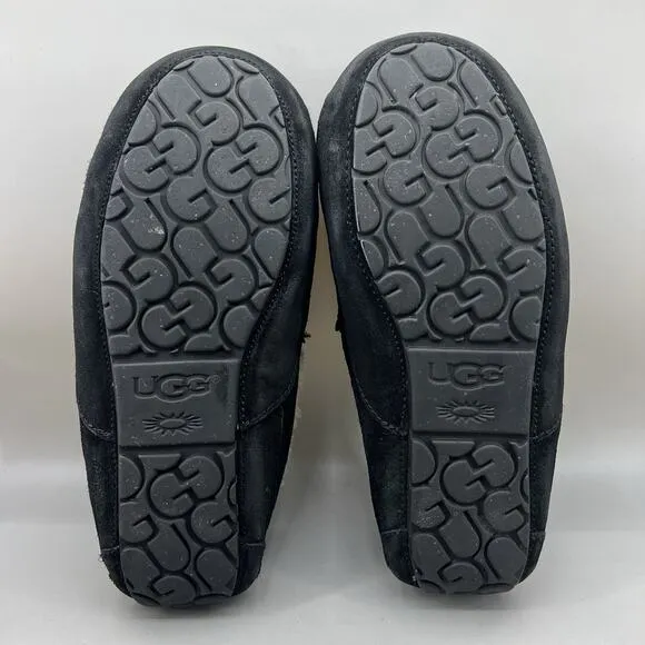 UGG Ascot Mens Slippers Loafer Size 9 Black Suede Sheepskin Slip On Shoe