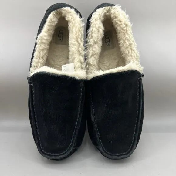 UGG Ascot Mens Slippers Loafer Size 9 Black Suede Sheepskin Slip On Shoe