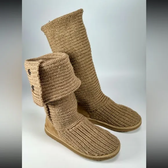 UGG Australia Classic Knit Cardy Knee High Sweater Boots Sheepskin in Chestnut