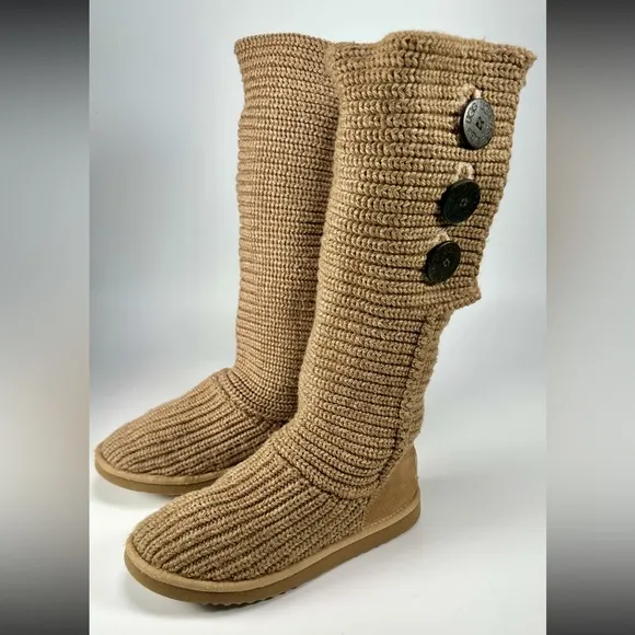 UGG Australia Classic Knit Cardy Knee High Sweater Boots Sheepskin in Chestnut