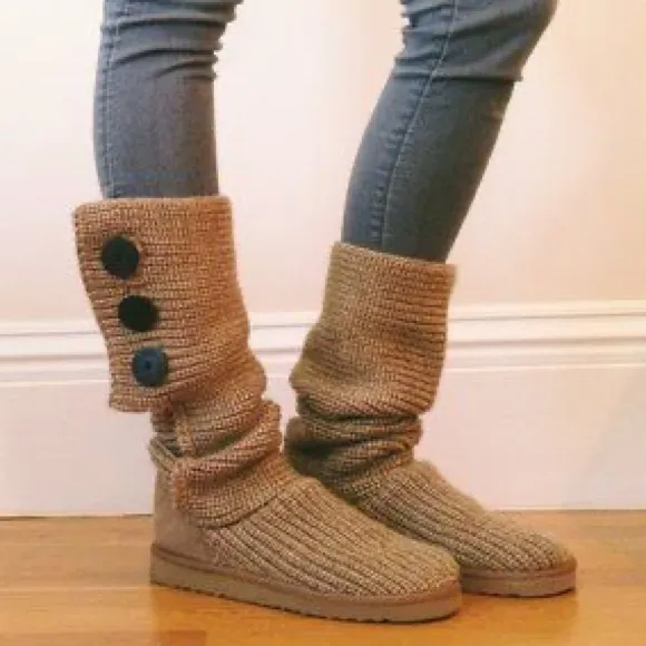 UGG Australia Classic Knit Cardy Knee High Sweater Boots Sheepskin in Chestnut