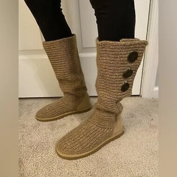 UGG Australia Classic Knit Cardy Knee High Sweater Boots Sheepskin in Chestnut