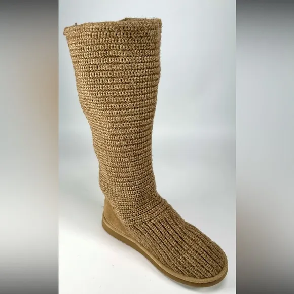 UGG Australia Classic Knit Cardy Knee High Sweater Boots Sheepskin in Chestnut