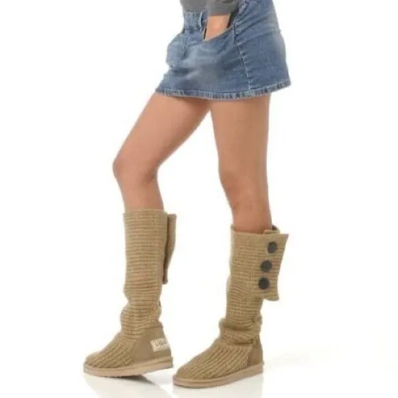 UGG Australia Classic Knit Cardy Knee High Sweater Boots Sheepskin in Chestnut
