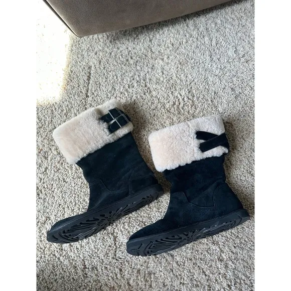 UGG Australia Suede Boots Shearling Cuff Buckle Accent Black Women's Size 7
